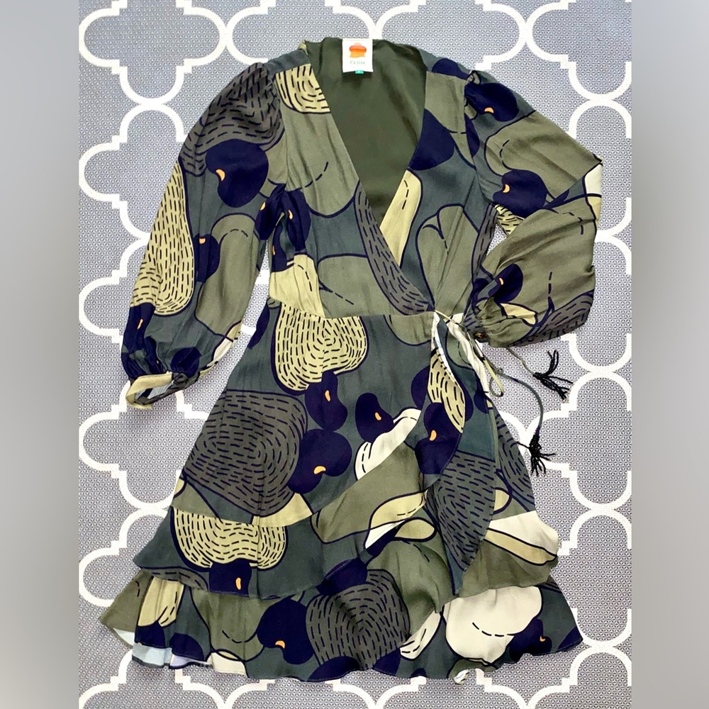 Farm Rio wrap dress - olive green, size Small